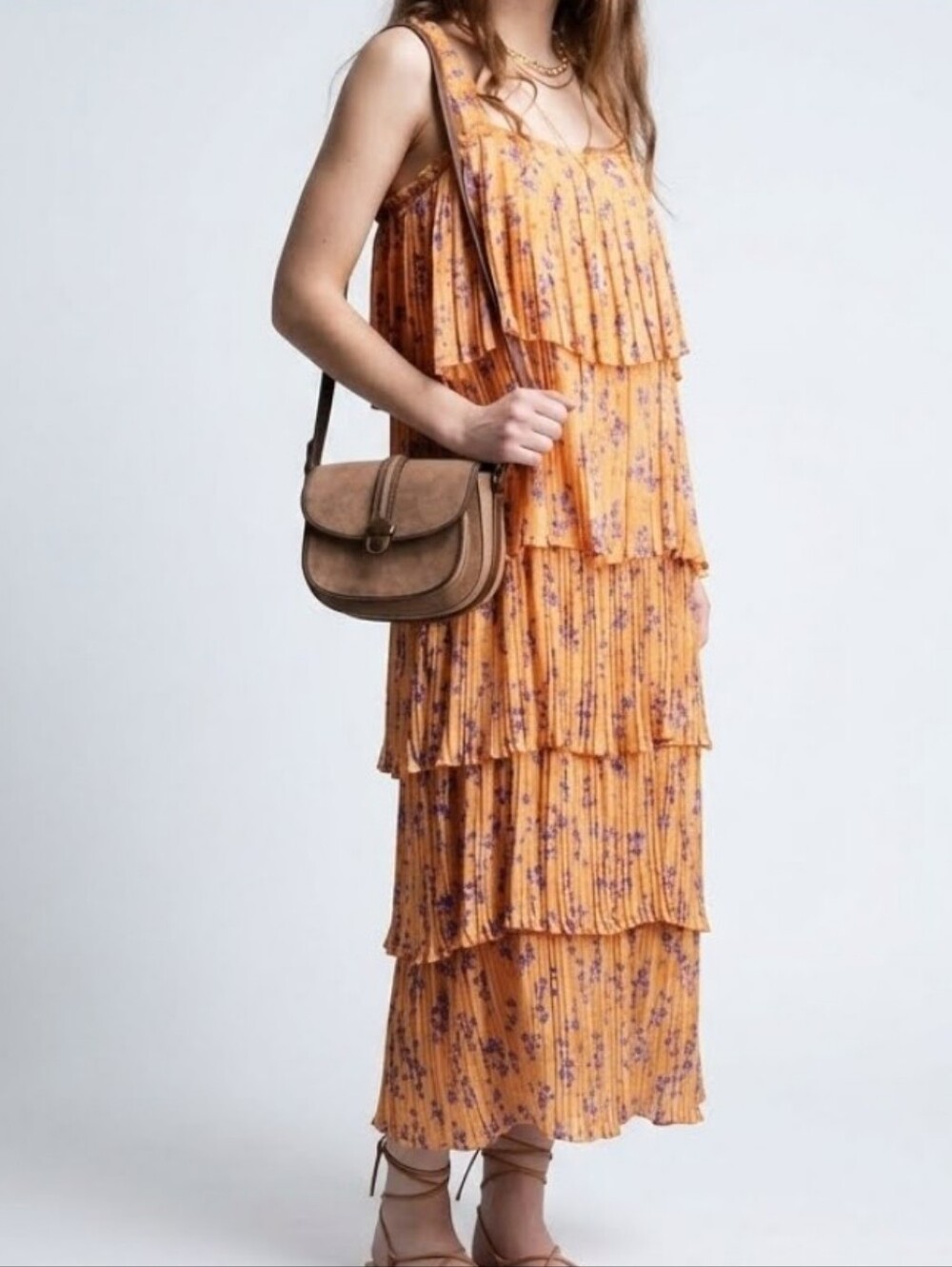 NWT Sfera Dress Tiered Layered Pleated Peach Purple Floral Sleeveless Midi Sz M
